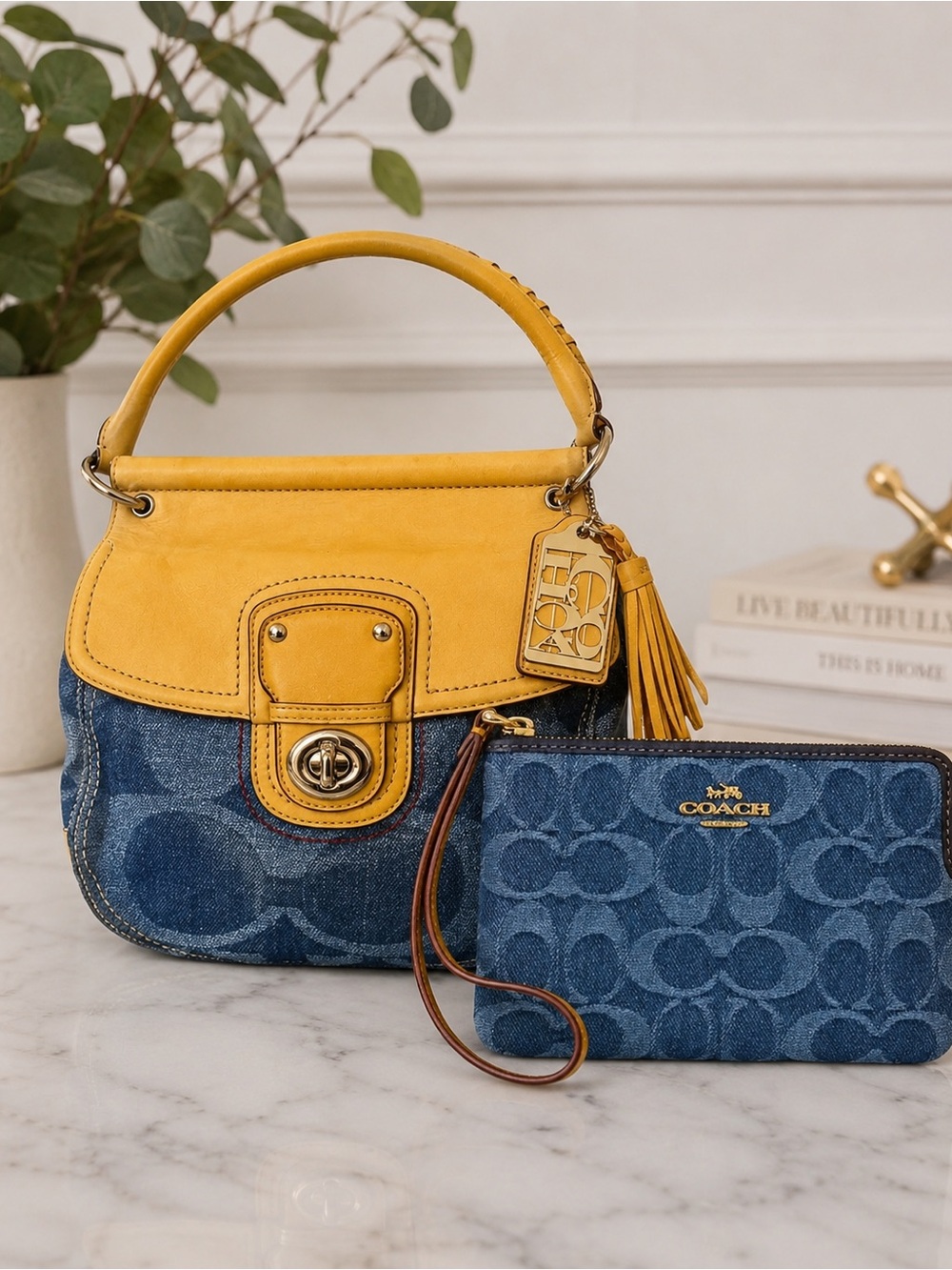 Coach Large Corner Zip  Signature Denim Wristlet - Fits iPhone | Card Slots NEW